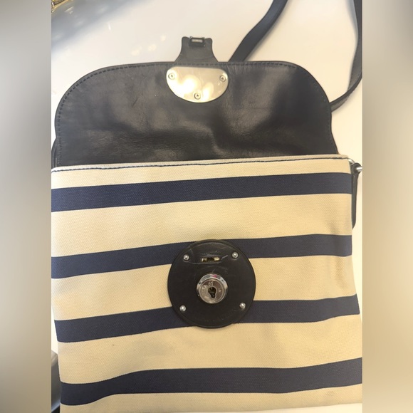 Ralph Lauren Purple Label Striped Canvas Crossbody | Navy & Cream | Red Interior - Picture 5 of 9